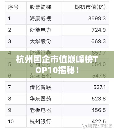 杭州国企市值巅峰榜TOP10揭秘！